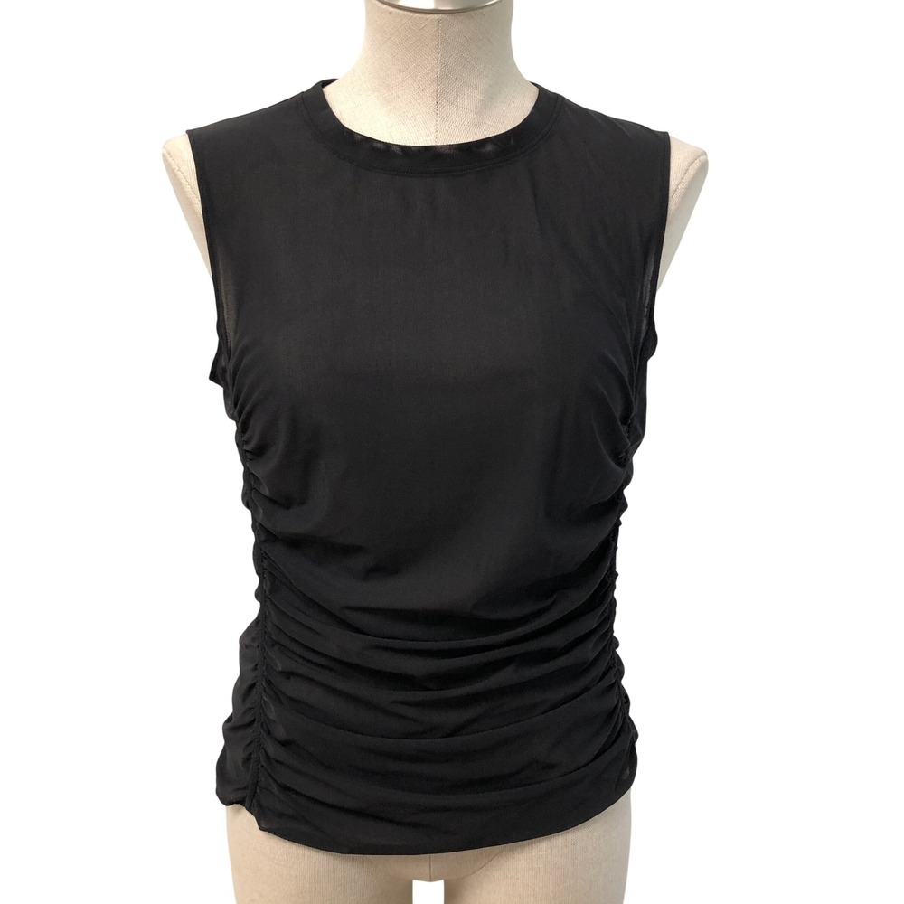 Lululemon Ruched Mesh Tank Top Womens Large Black Sleeveless Crew Neck Sheer